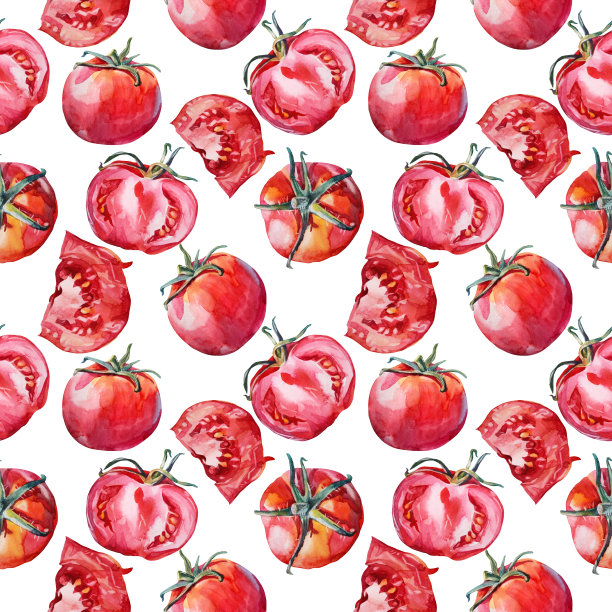 无缝图案切片番茄在白色的背景。水彩红色手绘蔬菜。健康食品，沙拉，烹饪，番茄酱。创意艺术为菜单烹饪书厨房小孩壁纸包装，咖啡馆图片下载
