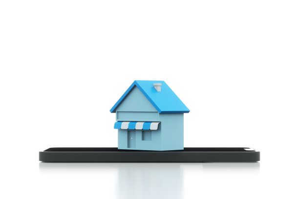 房地产在线概念。智能手机上的微型房子。3 d渲染。图片下载