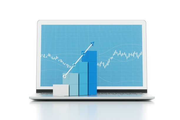 增长条形图形与上升箭头在笔记本电脑。3 d渲染。图片下载