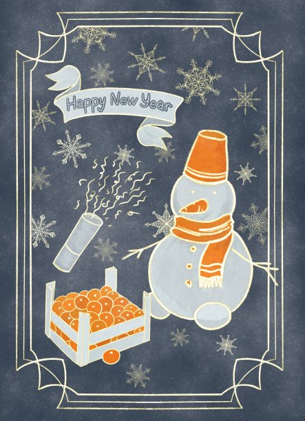 一张印有雪人、盒子、橘子图案的新春贺卡模型，深蓝色的背景上有雪图片下载
