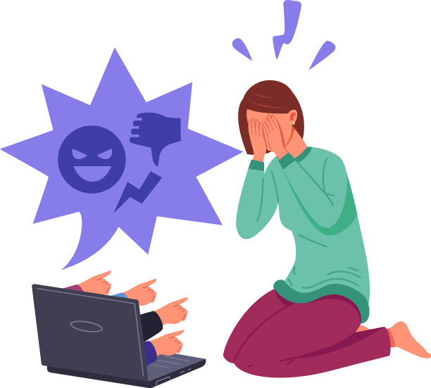 网上欺凌沮丧的女孩在笔记本电脑附近哭泣图片下载