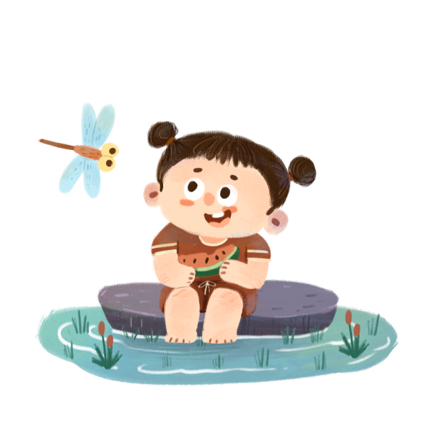 立夏节气女孩吃西瓜蜻蜓水潭图片下载