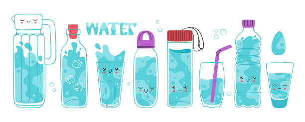 一套不同的容器与水。可爱的水壶，瓶子，杯子和字母水图片下载