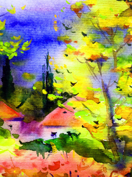 水彩彩色明亮的纹理抽象背景手工制作。地中海风景。描绘秋天乡村的建筑和植被图片下载