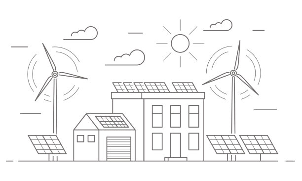 生态友好的现代住宅。可替代风能发电站。太阳能电池板，风能。环境概念矢量大纲说明。图片下载