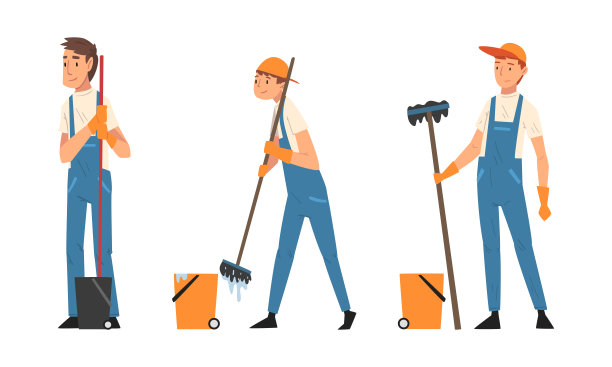 男士清洁人员在整体和手套拖把和桶向量集图片下载