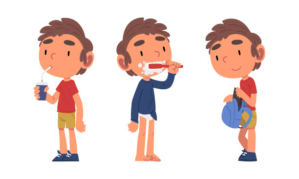 小学生的日常程序与男孩喝苏打水，刷牙和把书在背包向量集图片下载