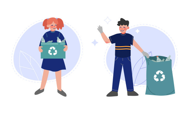 小男孩和女孩照顾自然收集垃圾在袋子里回收向量集图片下载