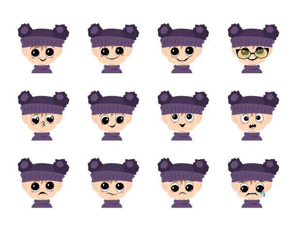 一组女孩化身，大大的眼睛和宽阔的微笑和不同的情绪，在紫色的帽子与绒球图片下载