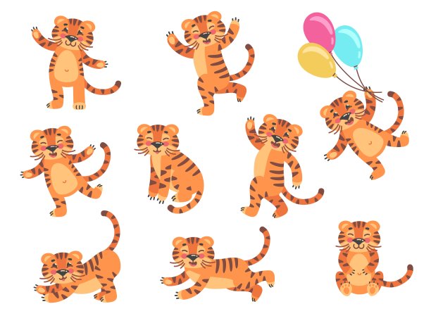 卡通老虎幼崽。小老虎小孩，有趣可爱的动物宝宝，画条纹野生动物幼崽，游猎人物微笑跳跃气球，孩子气的野生丛林，矢量像样的图形设计图片下载