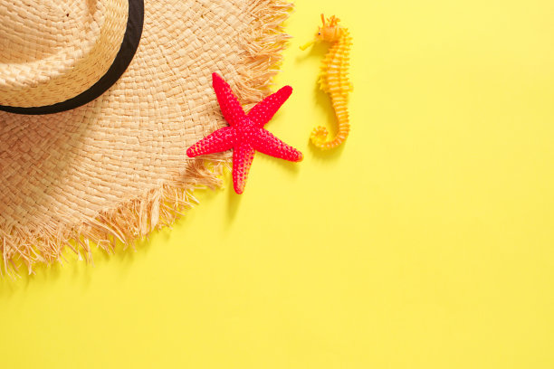 沙滩夏日旅游平铺太阳镜和女式帽子，顶视图旅游旅行者或度假概念。图片下载