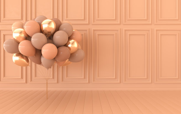 经典的内墙和一堆气球。墙壁上有嵌板，木地板，经典的檐口。地面拼花。3d渲染数字室内模拟插图。米色和金黄色图片下载