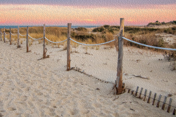 海滩在日落与油画看图片下载