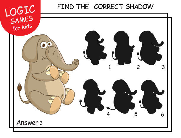 找到正确的影子。可爱的卡通的大象。儿童卡通人物教育配对游戏。儿童逻辑游戏。幼儿学前班、幼儿园任务教育卡。图片下载