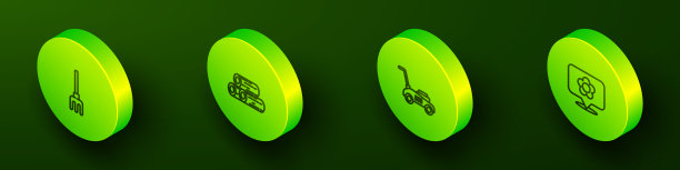 设置等距线花园耙，木制的原木，割草机和位置与花的图标。向量图片下载