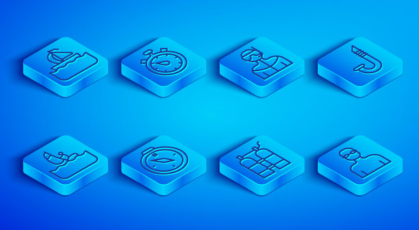 游艇，秒表，潜水潜水服，指南针，潜水器，浮潜，帆板和游泳图标。向量图片下载