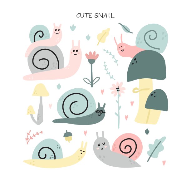 可爱的蜗牛。手晨曦花园人物与植物元素，柔和的颜色，婴儿装饰元素，儿童托儿所和衣服装饰，矢量卡通平孤立插图图片下载