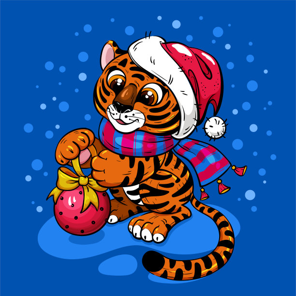 圣诞贺卡剪纸卡通老虎在圣诞帽图片下载