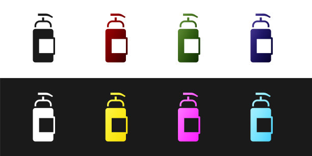 设置抗菌肥皂液体瓶与分配器图标孤立在黑白背景。防腐剂。消毒，卫生，护肤。向量图片下载