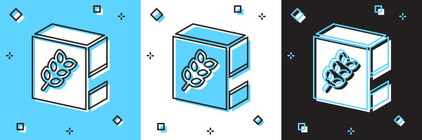 设置面粉包装图标孤立的蓝色和白色，黑色的背景。向量图片下载