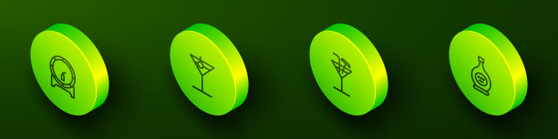 设置等距线木桶机架，马提尼玻璃，鸡尾酒和瓶干邑或白兰地图标。向量图片下载