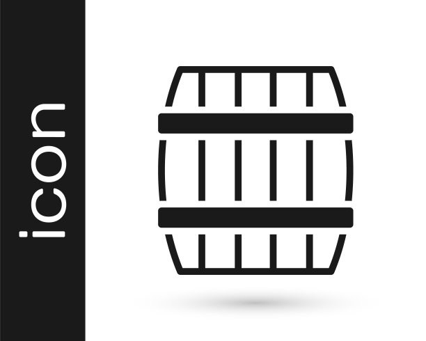 黑色木桶图标孤立在白色背景。酒桶，饮料容器，啤酒，威士忌，葡萄酒的木桶。向量图片下载