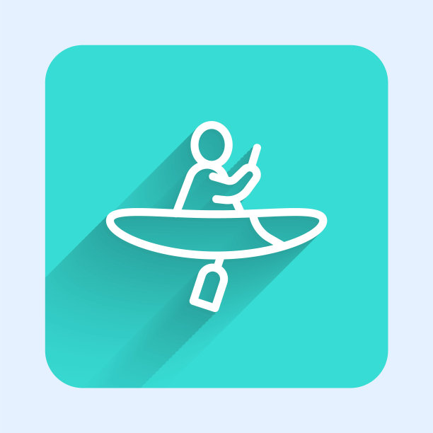 白线皮艇和划桨图标孤立与长阴影背景。独木舟和独木舟用于钓鱼和旅游。户外活动。绿色广场按钮。向量图片下载