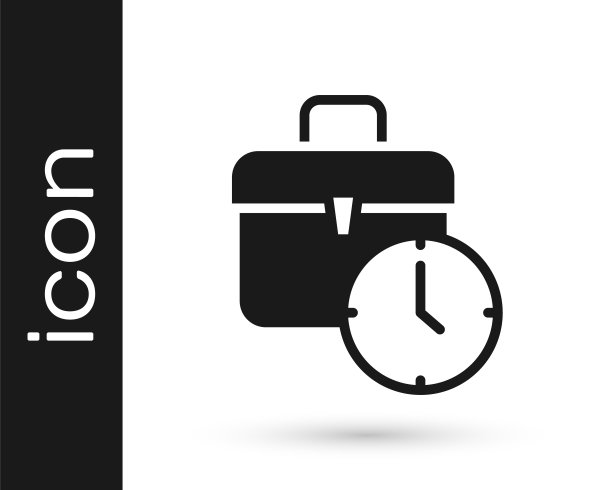 黑色工作时间图标孤立在白色背景。上班族。工作时间。商务公文包。向量图片下载