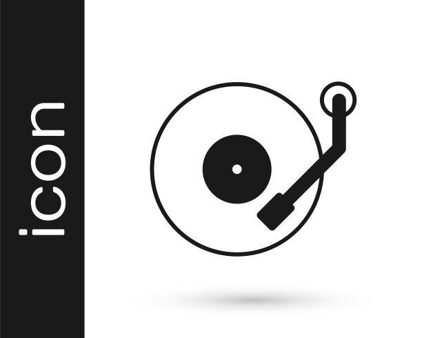 黑色的乙烯基播放器与乙烯基光盘图标孤立在白色的背景。向量图片下载