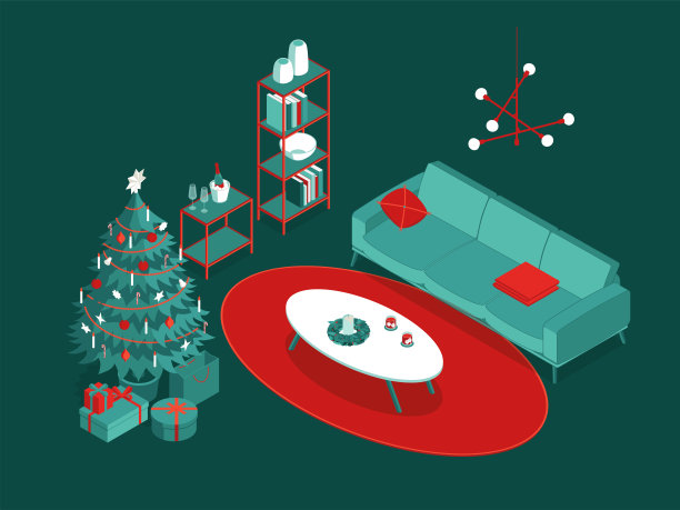彩色等长矢量圣诞插图-客厅室内图片下载