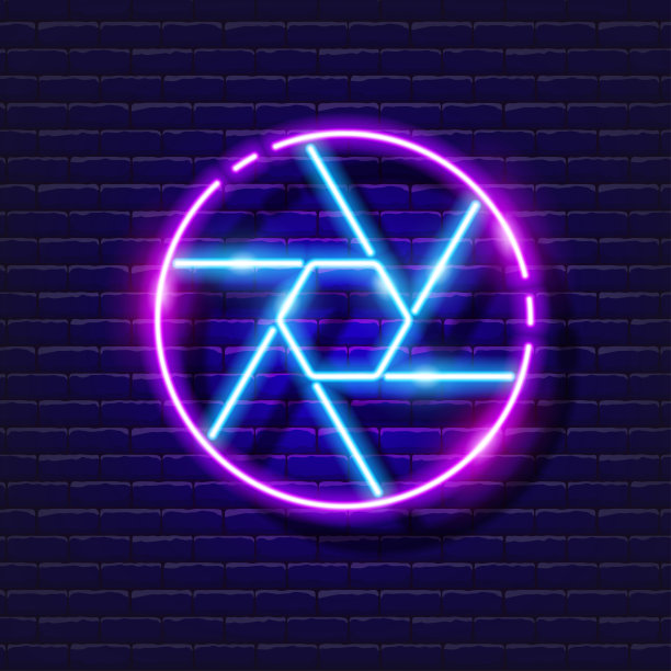 光圈标志霓虹灯图标。照片和视频的概念。矢量插图的一个标志设计，网站，装饰，网上商店。图片下载