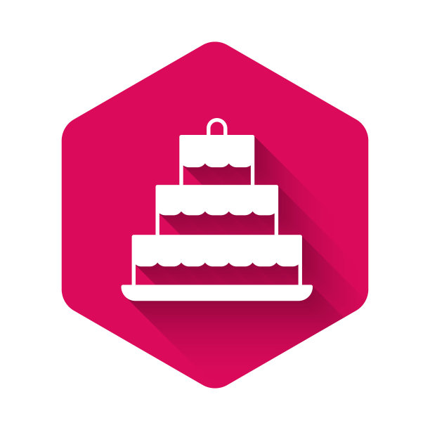 白色蛋糕与燃烧的蜡烛图标孤立与长阴影背景。生日快乐。粉红色的六角按钮。向量图片下载