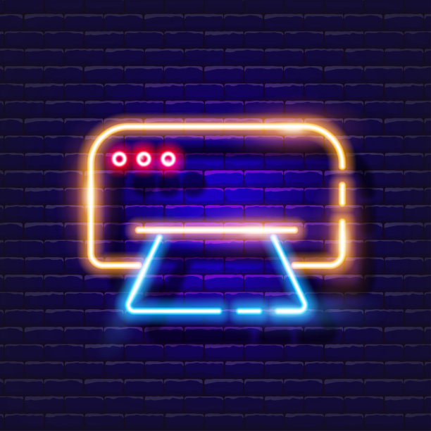 打印机，照片打印霓虹灯图标。照片和视频的概念。矢量插画打印机标识设计，网站，装饰，网上商店。图片下载