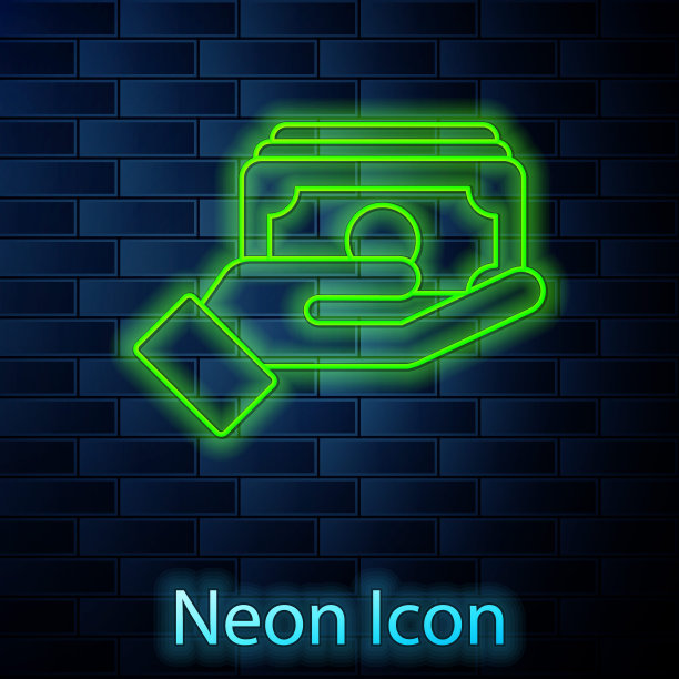 发光的霓虹灯线堆叠纸币现金的手图标孤立在砖墙背景。保险的概念。钱钞票栈。比尔的货币。向量图片下载