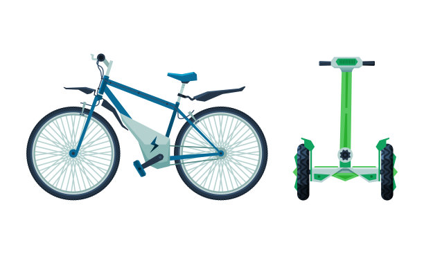 作为生态城市交通和城市车辆矢量集的自行车和陀螺车图片下载