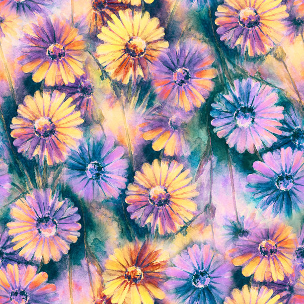 花卉无缝模式。水彩艺术作品的背景。鲜花和草药。波西米亚风格的印花。抽象的草地。情感的绘画。图片下载