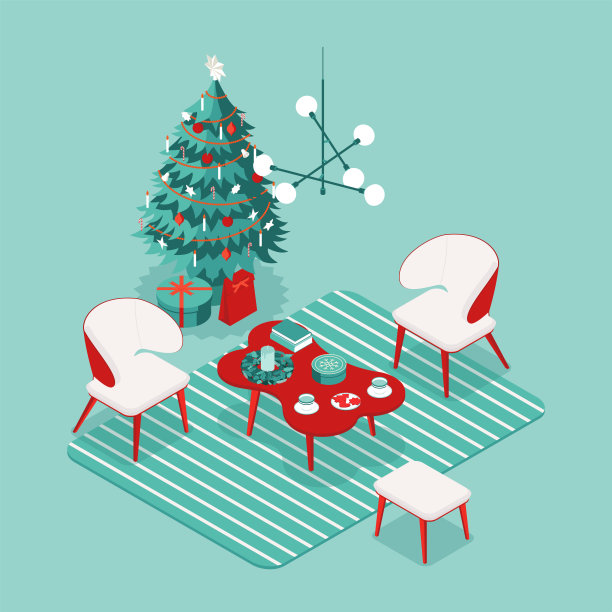 彩色等长矢量圣诞插图-客厅室内图片下载