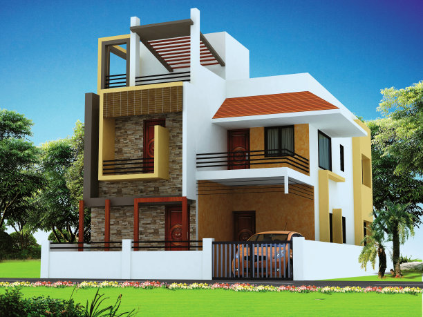 一个现代私人住宅外部的3D渲染图片下载