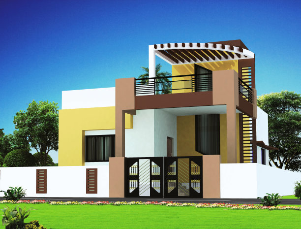 一个带有抽象外观设计的房子的3D渲染图图片下载