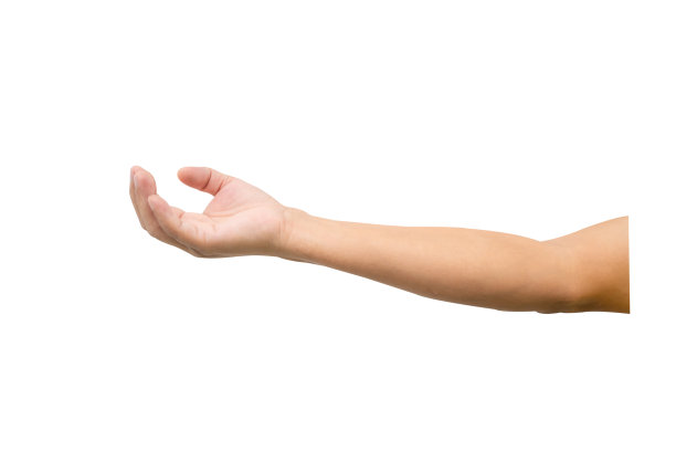 白色背景上有一个男人的手。许多手的概念。图片下载