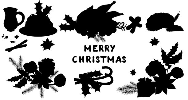 蛋糕，烤火鸡，蛋酒，火腿，鸡肉，姜饼饼干，布丁，酒，派，火腿。圣诞晚餐,食物。向量黑色剪影。图片下载