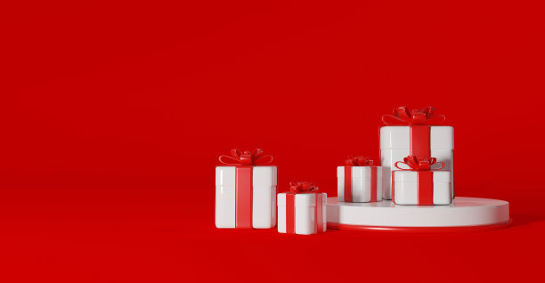 三维渲染的礼品盒在讲台上的红色背景与地方的产品设计图片下载