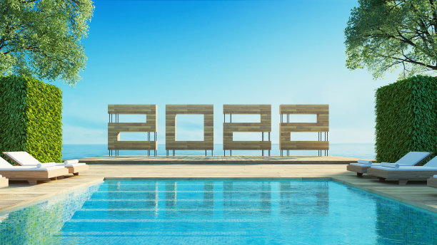 2022 Happy New Year Pool Villa Sea View - 3D渲染图片下载