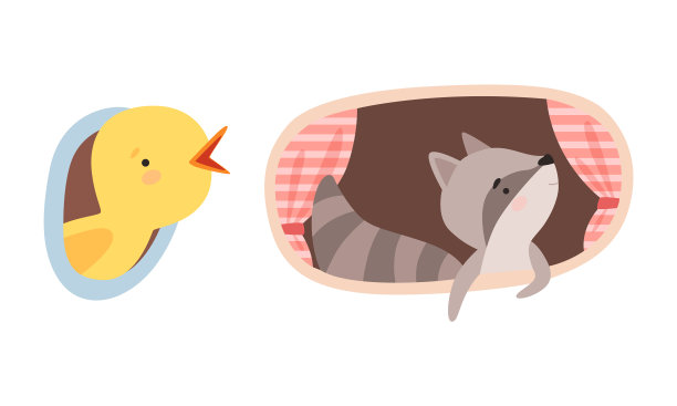 可爱的小鸡和浣熊向窗外看图片下载