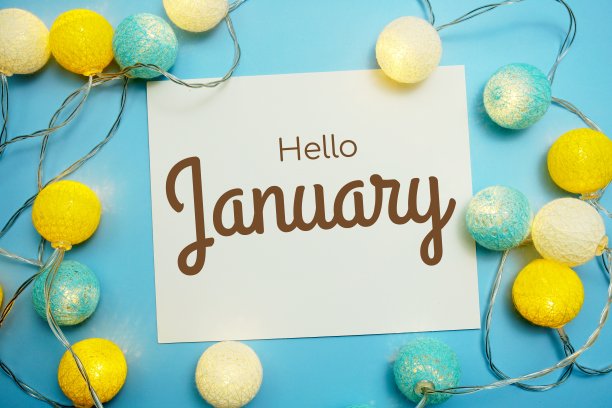 你好一月印刷文字与LED棉球在蓝色的背景图片下载