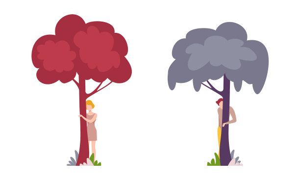 男人和女人角色站在树干后面图片下载