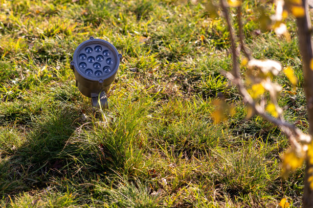 一个小灯笼与灯泡在绿色的草地上的街道上的公园在城市的照片。光的概念图片下载