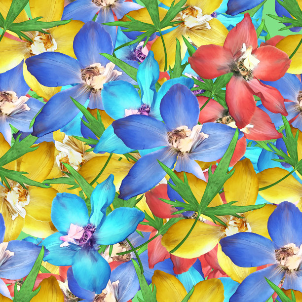 飞燕草,燕草属植物。插图，花朵的纹理。用于连续复制的无缝模式。花的背景，照片拼贴纺织品，棉织物。用于壁纸、封面图片下载