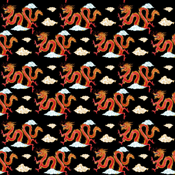 中国红龙重复背景，东方无缝图案为中国新年装饰图片下载