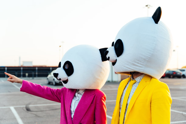 一对戴着大熊猫头的夫妇讲故事的形象图片下载